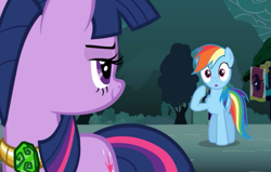 Size: 800x509 | Tagged: safe, imported from derpibooru, screencap, rainbow dash, twilight sparkle, magic duel, lidded eyes, out of context