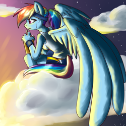 Size: 1024x1024 | Tagged: safe, artist:annakitsun3, imported from derpibooru, rainbow dash, anthro, clothes, cloud, cloudy, drink, headband, morning, ponytail, tanktop, workout