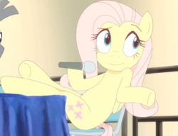 Size: 639x490 | Tagged: safe, artist:deannart, imported from derpibooru, fluttershy, zecora, pegasus, pony, zebra, .mov, shed.mov, andrea libman, equestria la, hooves on the table, innocence.mov, microphone, offscreen character, oh you, shrug, stay out of my shed, youtube