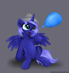 Size: 944x1000 | Tagged: safe, artist:kairaanix, imported from derpibooru, princess luna, pony, balloon, female, sitting, solo, woona