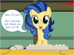 Size: 800x600 | Tagged: safe, imported from derpibooru, oc, oc only, oc:milky way, pony, camera, camera shot, computer mouse, dialogue, female, keyboard, mare, solo, speech bubble