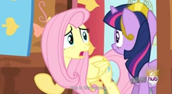 Size: 1569x867 | Tagged: safe, imported from derpibooru, screencap, fluttershy, twilight sparkle, magical mystery cure, big crown thingy, youtube caption, youtube link