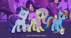 Size: 1597x865 | Tagged: safe, imported from derpibooru, screencap, fluttershy, rainbow dash, rarity, youtube caption, youtube link