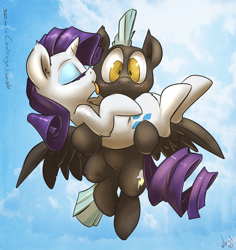 Size: 1040x1100 | Tagged: safe, artist:atryl, imported from derpibooru, rarity, thunderlane, pegasus, pony, unicorn, blushing, female, flying, licking, male, mare, rarilane, scene interpretation, shipping, stallion, straight