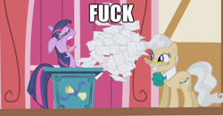 Size: 1002x520 | Tagged: safe, imported from derpibooru, mayor mare, twilight sparkle, glasses, image macro, paper, podium, reaction image, vulgar