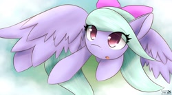 Size: 1960x1080 | Tagged: safe, artist:dshou, imported from derpibooru, flitter, pegasus, pony, bow, cloud, colored pupils, female, flying, hair bow, large wings, looking at you, looking up, mare, open mouth, solo, spread wings, windswept mane, wings