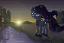 Size: 1500x1000 | Tagged: dead source, safe, artist:denial-is-tragic, imported from derpibooru, princess luna, pony, female, river, solo, tree