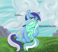 Size: 1700x1500 | Tagged: safe, artist:sintakhra, imported from derpibooru, lyra heartstrings, minuette, pony, unicorn, crying, grass, hug, sitting