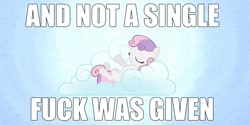 Size: 1280x640 | Tagged: safe, edit, edited screencap, imported from derpibooru, screencap, sweetie belle, pony, stare master, eyes closed, female, image macro, no fucks, reaction image, solo, vulgar