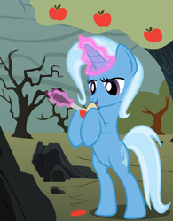 Size: 1000x1280 | Tagged: dead source, safe, artist:dcencia, imported from derpibooru, trixie, pony, apple, apple tree, bipedal, female, knife, magic, solo, standing, tree