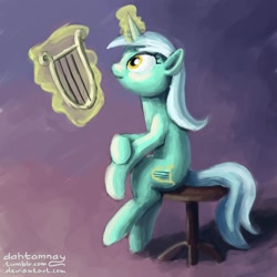 Size: 1280x1280 | Tagged: safe, artist:dahtamnay, imported from derpibooru, lyra heartstrings, pony, unicorn, 30 minute art challenge, female, lyre, magic, musical instrument, sitting, solo, stool, telekinesis