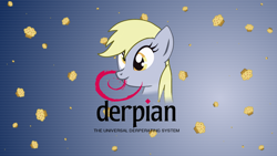 Size: 1360x768 | Tagged: safe, artist:fabulousmoustache, imported from derpibooru, derpy hooves, pegasus, pony, abstract background, bust, cute, debian, derp, derpabetes, derpian, female, linux, mare, mouth hold, muffin, nom, pun, smiling, text, wallpaper