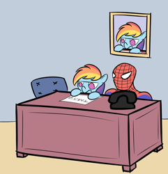 Size: 800x831 | Tagged: safe, artist:perrydotto, imported from derpibooru, rainbow dash, crossover, desk, spider-man, unenthused