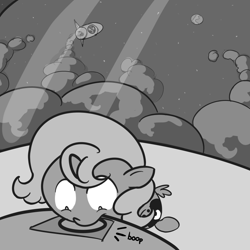 Size: 800x800 | Tagged: safe, artist:perrydotto, imported from derpibooru, princess luna, pony, boop, button, female, grayscale, missile, monochrome, moon, nuclear weapon, smoke, solo, woona