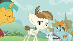 Size: 1152x648 | Tagged: safe, imported from derpibooru, screencap, cotton cloudy, featherweight, snails, snips, twist, pony, unicorn, ponyville confidential, butt, colt, female, male, mare, plot, soon, text