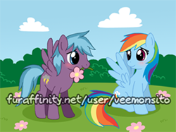 Size: 402x300 | Tagged: safe, artist:veemonsito, imported from derpibooru, rainbow dash, oc, blushing, canon x oc, shipping