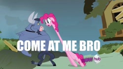 Size: 500x282 | Tagged: safe, edit, edited screencap, imported from derpibooru, screencap, iron will, pinkie pie, putting your hoof down, come at me bro, hub logo, image macro