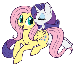 Size: 381x339 | Tagged: safe, artist:lulubell, imported from derpibooru, fluttershy, rarity, blushing, cheek kiss, female, flarity, kiss on the cheek, kissing, lesbian, shipping, simple background, white background