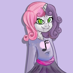 Size: 1000x1000 | Tagged: safe, artist:xylobell, imported from derpibooru, sweetie belle, android, human, robot, cute, female, gynoid, horned humanization, humanized, simple background, smiling, sweetie bot