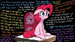 Size: 1280x720 | Tagged: source needed, safe, artist:miles, imported from derpibooru, pinkie pie, earth pony, pony, crying, disembodied thoughts, duality, fanfic, pinkamena diane pie, sad