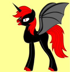 Size: 545x565 | Tagged: safe, artist:celestialking1990, imported from derpibooru, oc, oc only, oc:bloodfire dash, oc:bloodfire demon, alicorn, bat pony, bat pony alicorn, pony, pony creator, 9000 hours in pony creator, alicorn oc, donut steel, edgy, evil grin, familiar, freckles, grin, intentionally bad, male, mary sue, red and black oc, smiling, solo, stallion