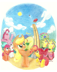 Size: 800x1000 | Tagged: safe, artist:videogamer-phil, imported from derpibooru, apple bloom, applejack, flam, flim, pinkie pie, scootaloo, sweetie belle, bucking, carnival, cutie mark crusaders, ferris wheel, high striker