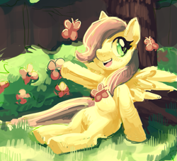 Size: 729x662 | Tagged: safe, artist:mewball, imported from derpibooru, fluttershy, butterfly, pegasus, pony, cute, female, filly, flower, grass, leaning, open mouth, raised hoof, shyabetes, sitting, solo, spread wings, tree, wingding eyes, wings