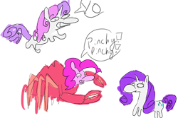 Size: 500x333 | Tagged: safe, imported from derpibooru, pinkie pie, rarity, sweetie belle, crab, rarity fighting a giant crab