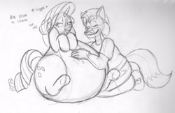 Size: 2860x1853 | Tagged: safe, artist:duragan, imported from derpibooru, rarity, oc, anthro, adorafatty, belly button, bellyrubs, bottom heavy, duo, fat, furry, morbidly obese, obese, raritubby, tickling