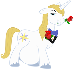 Size: 907x865 | Tagged: safe, artist:peachspices, edit, imported from derpibooru, prince blueblood, pony, unicorn, flower, male, male pregnancy, mouth hold, pregnant, pregnant edit, rose, show accurate, simple background, smiling, solo, stallion, white background