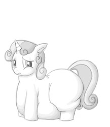 Size: 508x586 | Tagged: safe, artist:secretgoombaman12345, imported from derpibooru, sweetie belle, pony, fat, impossibly large butt, morbidly obese, obese, sad, solo, sweetie belly