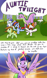 Size: 2560x4252 | Tagged: safe, artist:shieltar, imported from derpibooru, princess celestia, spike, twilight sparkle, alicorn, pony, comic, descendant, feels, female, immortality blues, mare, twilight sparkle (alicorn), twiliversary