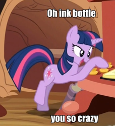 Size: 486x533 | Tagged: safe, imported from derpibooru, screencap, twilight sparkle, spike at your service, bipedal, bipedal leaning, cropped, full body, golden oaks library, image macro, inkwell, leaning, side view, solo, standing, standing on one leg