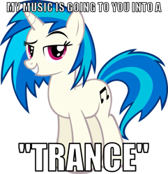 Size: 579x600 | Tagged: safe, artist:moongazeponies, imported from derpibooru, dj pon-3, vinyl scratch, pony, unicorn, suited for success, bedroom eyes, cutie mark, dreamworks face, engrish, female, hooves, horn, image macro, mare, pun, simple background, smiling, solo, teeth, text, transparent background, vector