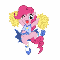 Size: 1024x1024 | Tagged: safe, artist:mol, imported from derpibooru, pinkie pie, pony, bipedal, cheerleader, clothes, featureless crotch, female, simple background, skirt, solo, upskirt