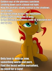 Size: 727x1000 | Tagged: safe, artist:bronyfang, edit, imported from derpibooru, sunset shimmer, pony, unicorn, female, image macro, metal gear, metal gear rising, solo, song reference, sun, sundowner, sunset, sunshine shimmer, text