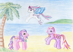 Size: 1024x729 | Tagged: safe, artist:normaleeinsane, imported from derpibooru, skywishes, star catcher, twinkle twirl, beach, g3, traditional art