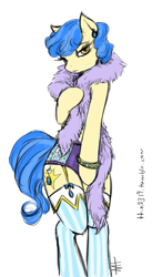 Size: 492x900 | Tagged: safe, artist:tt-n, imported from derpibooru, sapphire shores, earth pony, pony, semi-anthro, bipedal, clothes, covering, feather boa, female, frilly underwear, mare, panties, purple underwear, simple background, solo, underwear