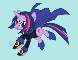 Size: 1024x796 | Tagged: safe, artist:batangbatugan, imported from derpibooru, twilight sparkle, pony, unicorn, amulet, blue background, cape, cloak, clothes, cosplay, crossover, female, gem, horn, jewelry, mare, raven (dc comics), raven (teen titans), shoes, signature, simple background, smiling, solo, teen titans, twiraven, unicorn twilight, voice actor joke