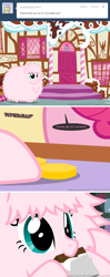 Size: 650x1635 | Tagged: safe, artist:mixermike622, imported from derpibooru, pinkie pie, oc, oc:fluffle puff, tumblr:ask fluffle puff, ask, bits, chocolate, fluffy, klondike bar, sugarcube corner, tumblr