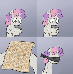 Size: 1968x1984 | Tagged: safe, imported from derpibooru, sweetie belle, blind, blindfold, crying, elder scroll, exploitable meme, female, meme, reality ensues, sweetie's note meme, sweetiedumb, the elder scrolls