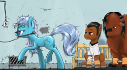 Size: 1418x782 | Tagged: safe, artist:madhotaru, imported from derpibooru, screw loose, buffalo, earth pony, pony, bridle, butt, chief bromden, crossover, female, hospital, jack nicholson, male, mare, one flew over the cuckoo's nest, plot, ponified, randle mcmurphy, sitting, stallion, tack