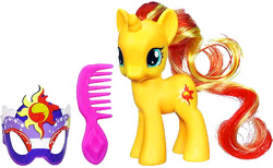 Size: 452x278 | Tagged: dead source, safe, imported from derpibooru, sunset shimmer, pony, unicorn, brushable, comb, female, mask, official, solo, toy