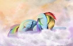 Size: 1400x876 | Tagged: safe, artist:ajvl, imported from derpibooru, rainbow dash, pegasus, pony, cloud, cloudy, female, mare, sleeping, solo