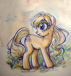 Size: 591x635 | Tagged: safe, artist:ladycat17, imported from derpibooru, applejack, pony, female, hatless, looking back, missing accessory, solo, traditional art