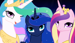 Size: 1000x579 | Tagged: dead source, safe, artist:arareroll, imported from derpibooru, princess cadance, princess celestia, princess luna, alicorn, pony, alicorn triarchy, open mouth, trio