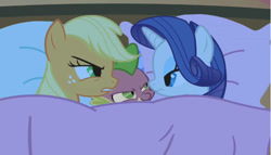 Size: 691x394 | Tagged: safe, edit, edited screencap, imported from derpibooru, screencap, applejack, rarity, spike, dragon, earth pony, pony, unicorn, look before you sleep, applespike, bed, bisexual, dragon x pony, female, interspecies, lesbian, lesbian in front of boys, lucky bastard, male, shipping, sparijack, sparity, spike gets all the mares, straight