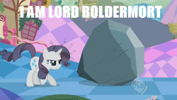 Size: 576x324 | Tagged: safe, edit, edited screencap, imported from derpibooru, screencap, rarity, tom, the return of harmony, frown, glare, gritted teeth, harry potter, harry potter (series), hub logo, messy mane, pun, voldemort