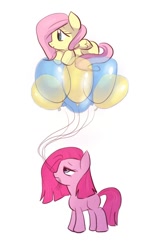 Size: 500x760 | Tagged: safe, artist:keterok, imported from derpibooru, fluttershy, pinkie pie, earth pony, pegasus, pony, balloon, blank flank, duo, filly, pinkamena diane pie, simple background, white background, younger