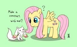 Size: 1141x700 | Tagged: safe, artist:aoneko54, imported from derpibooru, fluttershy, pegasus, pony, crossover, incubator (species), kyubey, kyubeyshy, puella magi madoka magica, voice actor joke